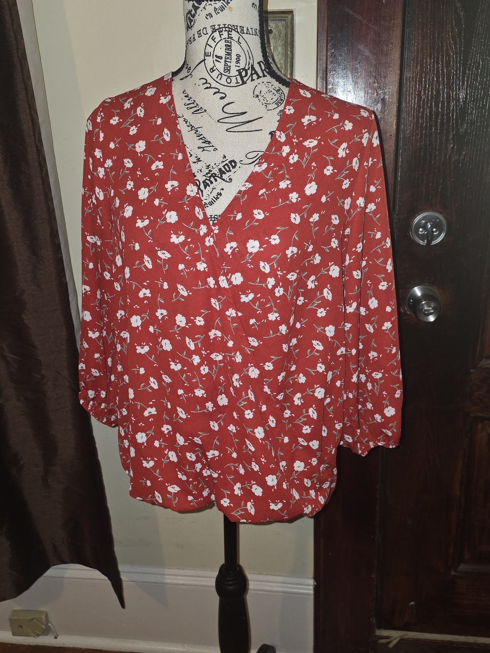 West Kei Red Floral Faux Wrap blouse Small